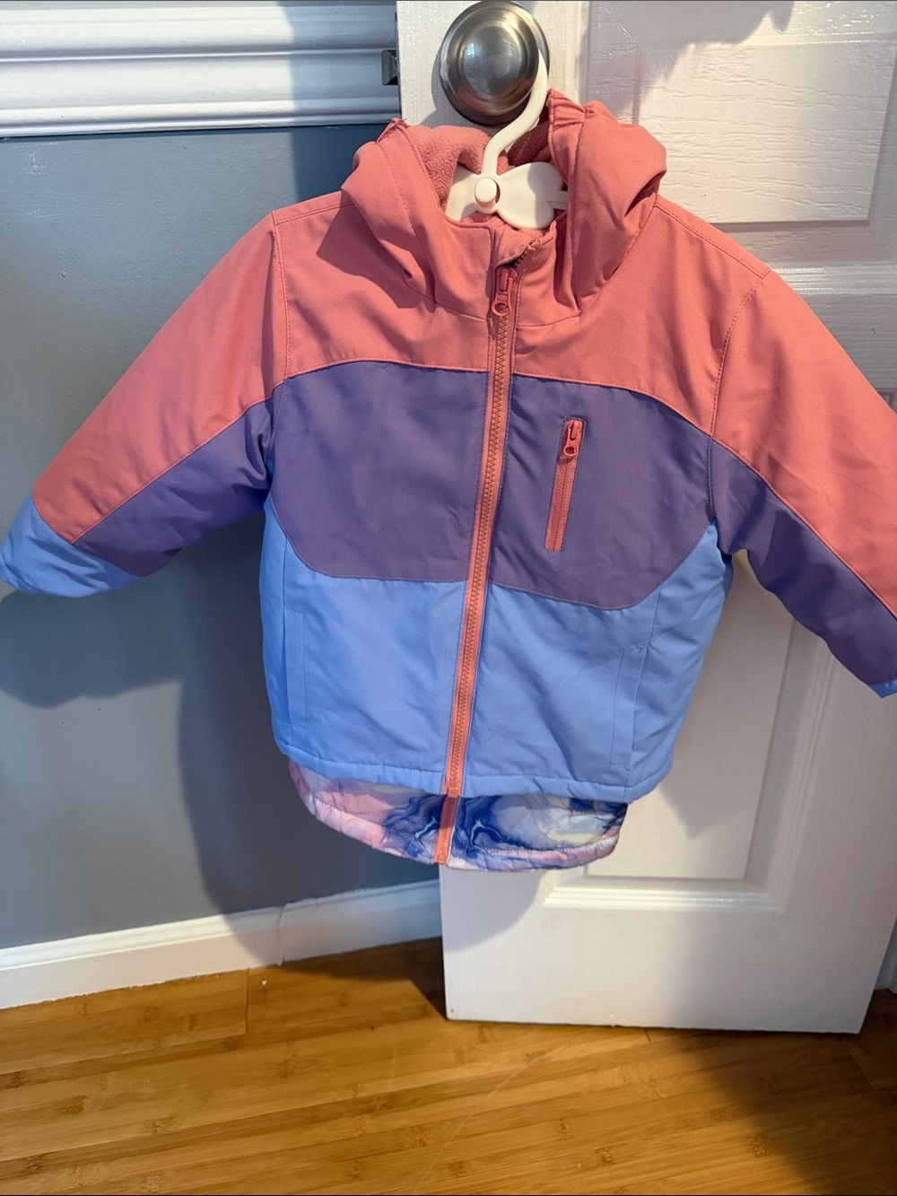 Swiss Tech Girls' Colorblock Hooded Puffer Jacket - Pink, Purple & Light Blue